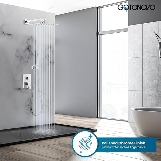 gotonovo Shower Faucet Set with Handheld Spray Polished Chrome,10'' Head | SUS304 Rainfall Shower Head and Handle Set System Fixture,Pressure Balance Valve Trim Kit,Single Handle,Wall Mount,All Metal