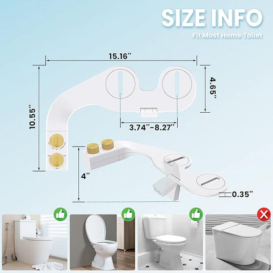Toilet Bidet With Left/Right Side Reversible Design, Fresh Water, Non-Electric, Toilet Bidet Attachment, Right/Left Hand Side with Dual Nozzle, Self-Clean, Easy to Install (Bamboo Knob)