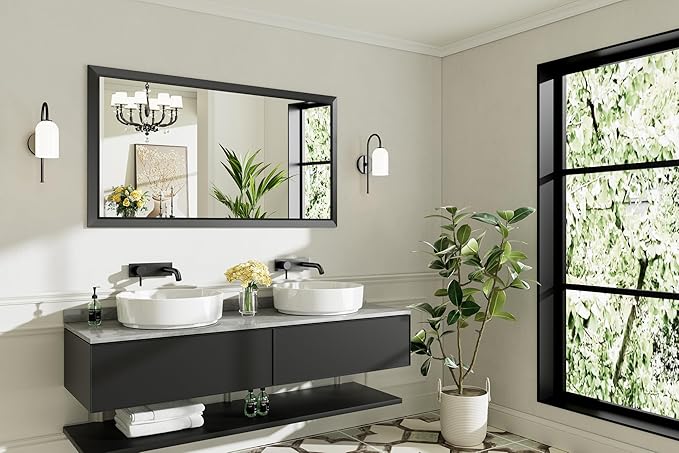 Black Metal Framed Bathroom Wall Mirror, 55x30 Inch | Anti-rust, HD tempered glass, for bathroom vanity, bedroom, living room, horizontal or vertical mount