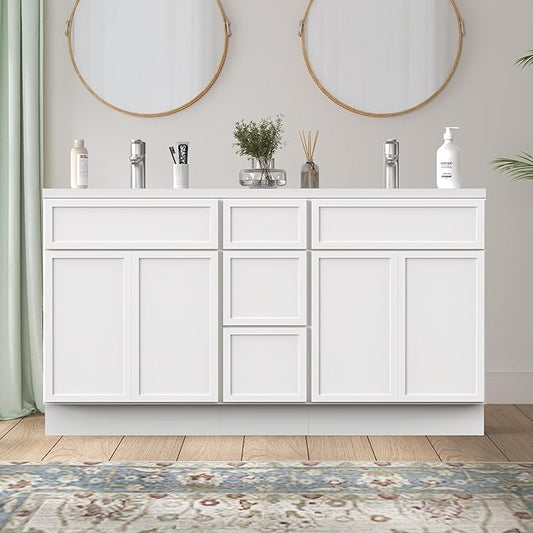 HomeBeyond 60 Inches Bathroom Vanity Base Cabinet Without Sink, Double Sink Top Sturdy Floor Mounted Cabinet with Door & Soft Closing Drawers, White, VA4124-2+VA4112-3
