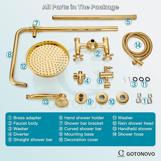 gotonovo Exposed Shower System Wall Mount,Polish Gold,Metal Handheld | 8” Rain Shower Head Faucet Set Fixtures,2 Function,Two Cross Handle,Height Adjustable,for 5-6.7" Hole,Indoor Victorian Retro