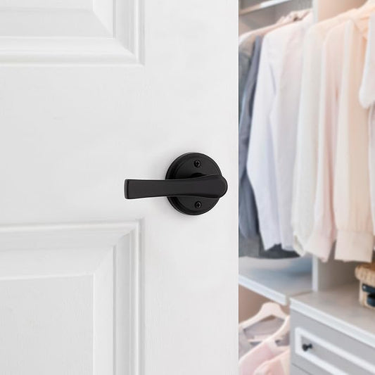 Kwikset Katella Dummy Door Handle, Single Sided Lever for Closets, French Double Doors, and Pantry, Matte Black Non-Turning Reversible Interior Push/Pull Lever, with Microban Protection