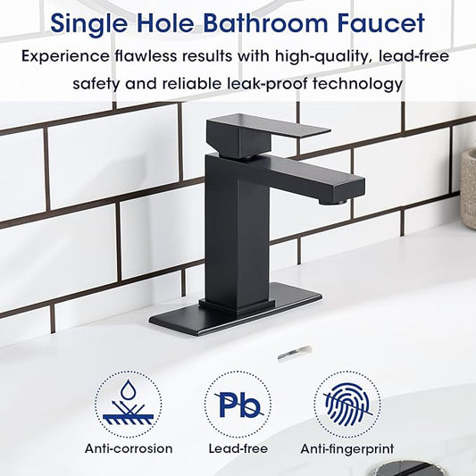 Black Bathroom Faucet, Stainless Steel Vanity Bathroom Sink Faucet with Pop Up Drain Stopper and Water Hoses, Easy to Install Bathroom Faucet 1 Hole for Bathroom Sink, Vanity, RV, Farmhouse