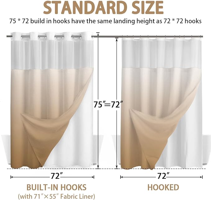 No Hook Shower Curtain with Liner Set Hotel Waffle Ombre Beige 72W X 75L | Washable Snap in Fabric Liner, Mesh Top Window, Waffle Hotel Style Shower Curtain Set