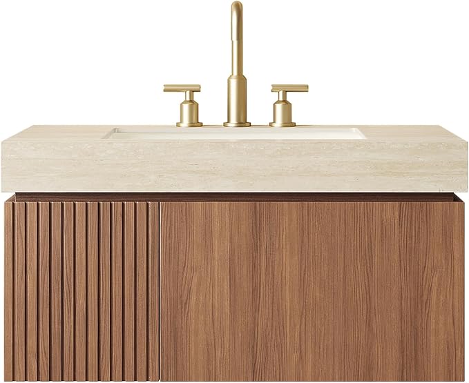 KEIKI 36 Inch Floating Bathroom Vanity with Sink, Brown Oak & Beige | Modern Wall Mounted Storage Cabinet w/ Drawer & Door, Pre-assembled Wood Panels, Sintered Stone Top & Ceramic Basin Combo Set