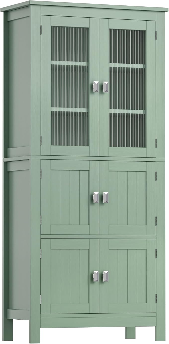 Akxomel 53.1" Tall Bathroom Cabinet 6 Doors Linen Floor Storage Cabinet | Bathroom Floor Cabinet with Adjustable Shelf, Pantry Cabinet for Living Room, Kitchen, Entryway, Green