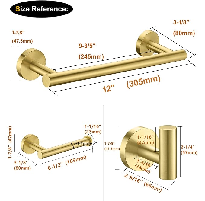 Nolimas 3-Pieces Brushed Gold Bathroom Hardware Set SUS304 Stainless Steel Round Wall Mounted Includes 12" Hand Towel Bar,Toilet Paper Holder,Robe Towel Hooks,Bathroom Accessories Kit
