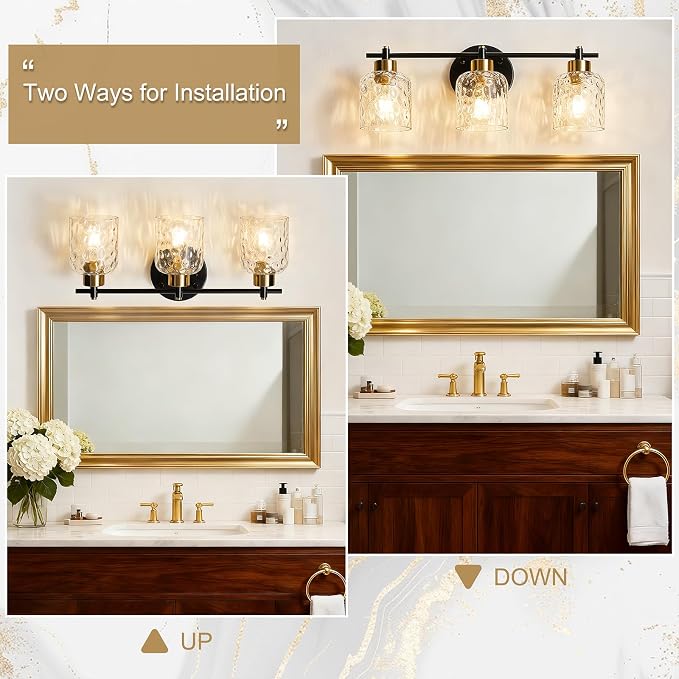 3 Light Black and Brass Bathroom Light Fixtures with Hammered Glass Mirror | 21.2" Black and Gold Farmhouse Vanity Light, Vanity Lighting Fixtures, Rustic Vanity Lights for Bathroom Lights for Makeup