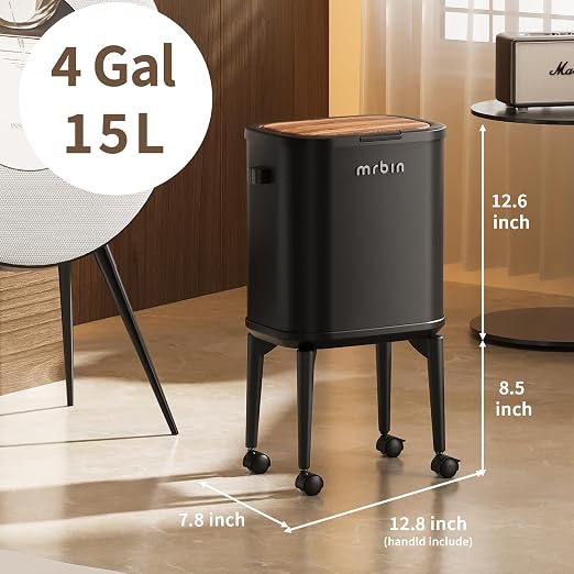 MRBIN Metal Slim Bathroom Trash Can with Legs and Wheels, 15L / 4gal Toilet Walnut Effect Press Lid Waste Basket, Covered Office Garbage Pail for Near Desk, Narrow Vanity, Rvs, Kitchen, Black