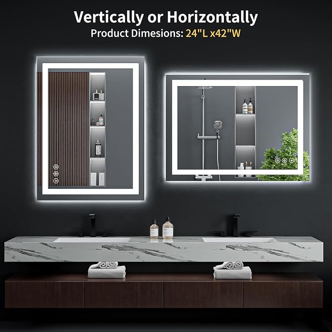 24"x42" LED Bathroom Mirror with Lights, Anti-Fog, Backlit+Frontlit | CRI 95, Stepless Dimmable, 3 Colors Lighting, Shatterproof Tempered Glass, HD Reflection, Memory, (Horizontal/Vertical)