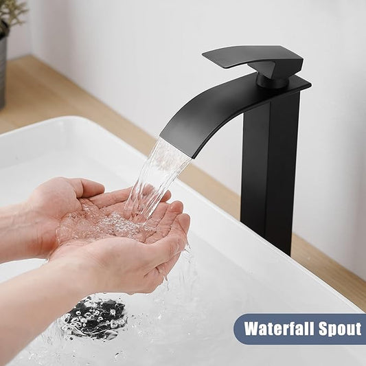 RUMOSE Tall Bathroom Faucet Matte Black Vessel Sink Faucet with Pop Up Drain Modern Single Handle One Hole Waterfall Vanity Tap, Stainless Steel
