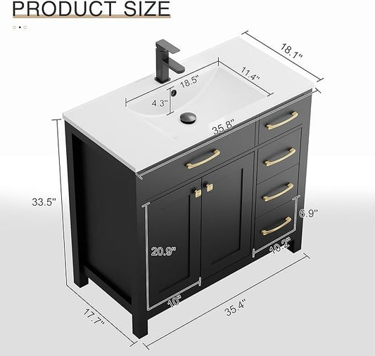 LUCKWIND 36" Bathroom Vanity with Sink Combo, Painted Modern Bathroom Storage Cabinet with Large Sink, Two Doors and Three Drawers, Include Faucet, Without Mirror, Black