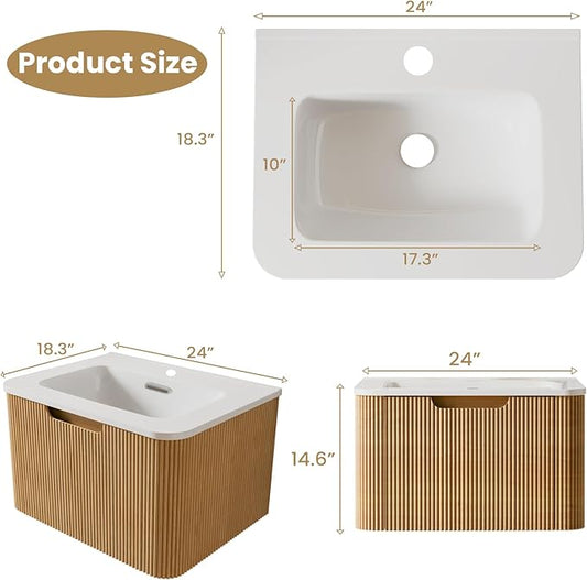 Floating Bathroom Vanity with Sink, Nature Soild Wood Cabinet with Ceramic Basin, Extra Large Storage Drawer & Pre-Assembled Vanities for Bathroom, Powder Room (Nature A Style, 24")