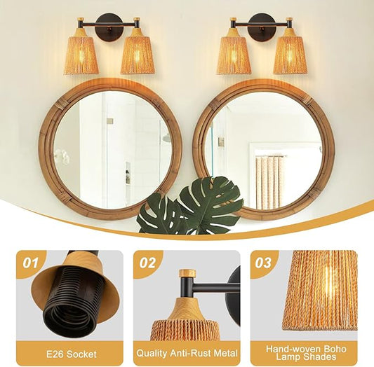 2-Light Bathroom Vanity Light, Boho Bathroom Light Fixtures Over Mirror Rattan Vanity Lighting Fixtures with Hand-Woven Lampshade Rustic Style Wall Sconce for Bedroom Living Room