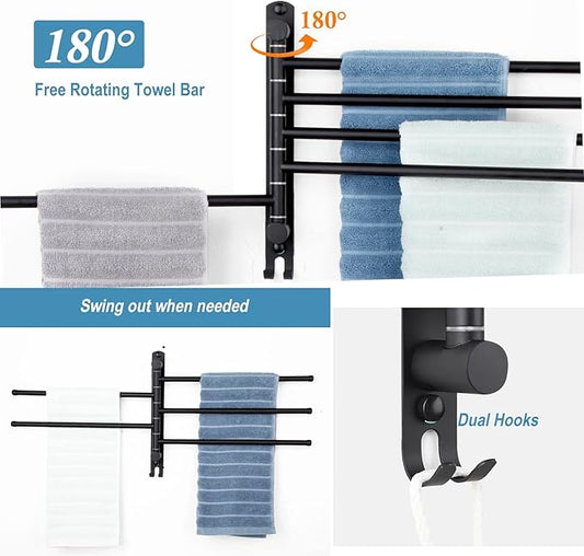 Matte Black 6 - Arm Stainless Steel Swivel Towel Rack with Hook: Wall - Mounted, Rustproof Space - Saver for Bathroom & Kitchen - 180° Rotation, 14kg Capacity