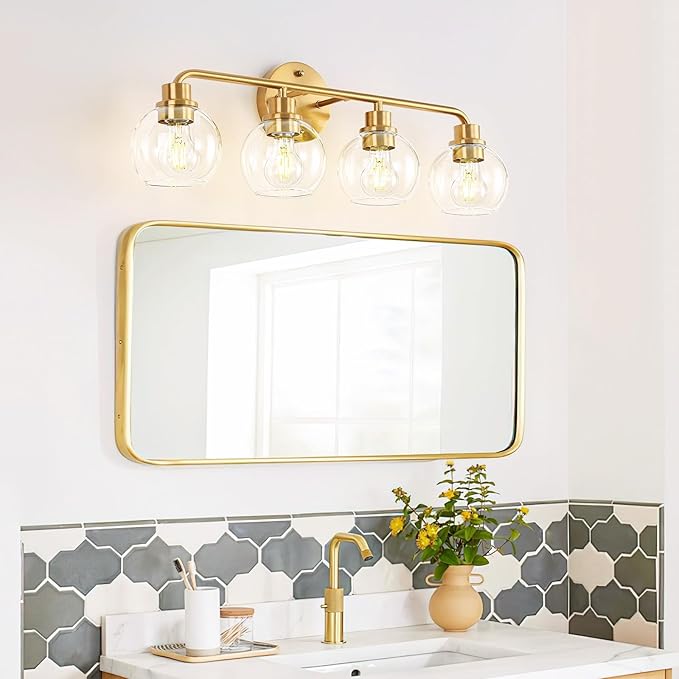 Bathroom Light Fixtures Gold Vanity Light 4 Light Brushed Brass | Wall Sconces Lighting with Clear Globe Glass Shades Bath Wall Lamp for Mirror Kitchen Living Room Bedroom Hallway 27 Inch