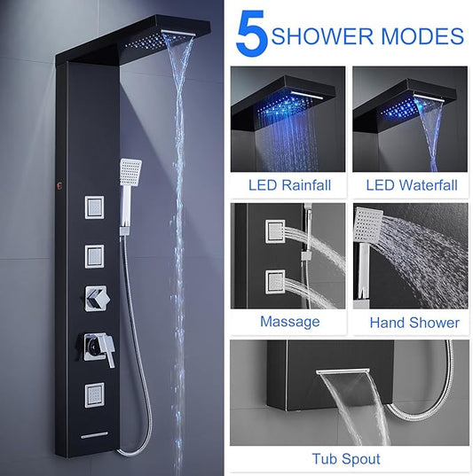 5-in-1 LED Shower Panel Tower System Stainless Steel Black | Rainfall + waterfall heads | 3 massage jets | Handheld shower | Tub spout | LED lights | Wall mount