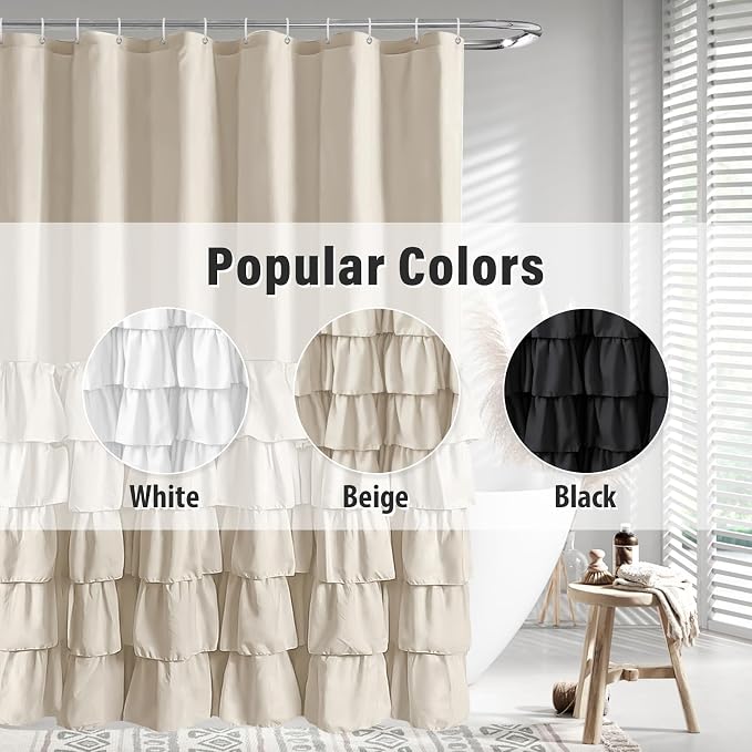 Seasonwood Beige Ruffle Shower Curtain Neutral Shower Curtain 72 x 72 | Natural button accents, layered fabric tiers, shabby chic and French country styling for decorative bathroom updates