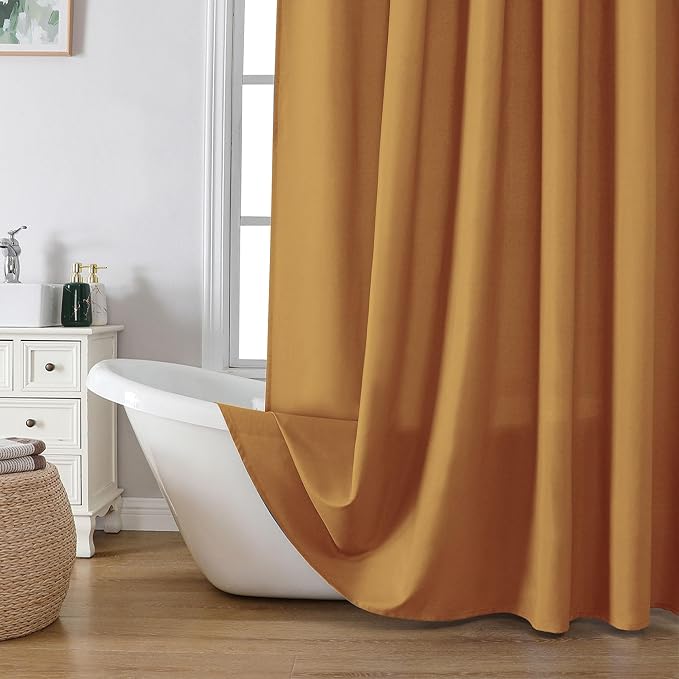 Zora Solid Gold Shower Curtain for Bathroom, Fabric Shower Curtain- Soft Cloth & Hotel Spa Quality, Water Repellent, Machine Washable Shower Curtain Set with 12 Hooks, Grommets Top, 72Wx72L