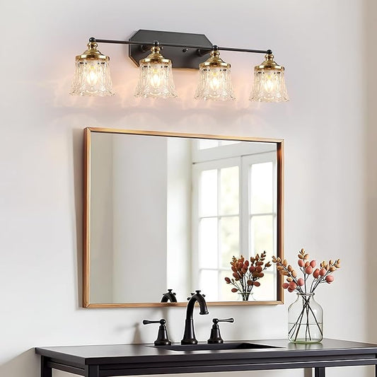 Vintage Bathroom Vanity Light Fixtures, Black and Gold 4-Light Vanity Light, Antique Bathroom Lighting Fixtures Over Mirror with Crystal Glass Shade, Vanity Lights for Bedroom Living Room Hallway