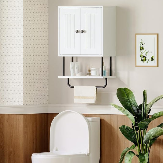 HOOBRO Bathroom Wall Cabinet, Modern Medicine Cabinet with Open and Adjustable Shelf, Over The Toilet Storage Cabinet with Towel Bar, Wall Mounted Organizer for Bathroom, Kitchen, White and Black