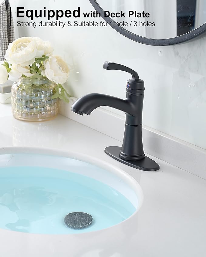 Brass Bathroom Faucets One Hole, Black Bathroom Sink Faucet 4 Inch Single Handle Bathroom Faucet 3 Hole, Vanity Faucet with Deck Plate & Pop-up Drain, No Splashing