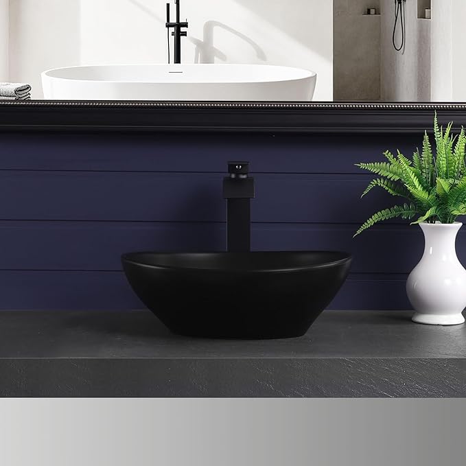 Vessel Sink 16"x13" Oval Bathroom Sink Modern Black Porcelain Ceramic Above Counter Drop-in Vanity Sink for Bathrooms Art Basin