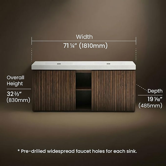 72" Bathroom Vanity with Sink Combo, Mid Century Modern Bathroom Cabinet with 4 Doors & Open Shelf, Glossy White Integrated Sink with Overflow, Brown Walnut