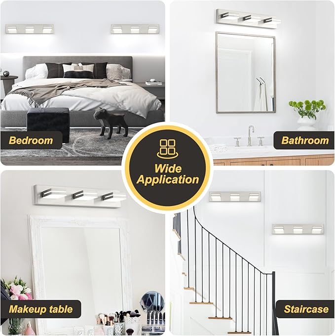 3 Light Bathroom Vanity Light Brushed Nickel Modern 24W LED Dimmable Vanity Light Over Mirror 350° Adjustable Lamp Head Cold White 6000K ETL Listed 22Inch