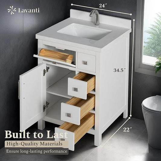Lavanti Oakford 24 Inch Bathroom Vanity with Sink – Stylish White Vanity Bathroom with Storage Cabinet – Modern Bathroom Vanities with Single Vanity Sink & Quartz Countertop