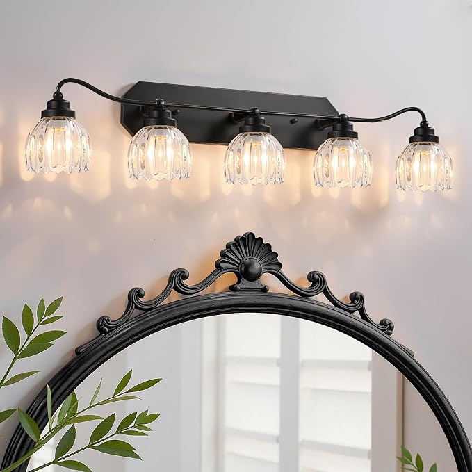 Vintage 5 Light Vanity Lights, Black Matte Antique Finish | Clear Tulip Crystal Bathroom Light Fixture, Mid Century Style, Elegant Wall Sconce Ideal for Bedroom,Hallway, Easy to install