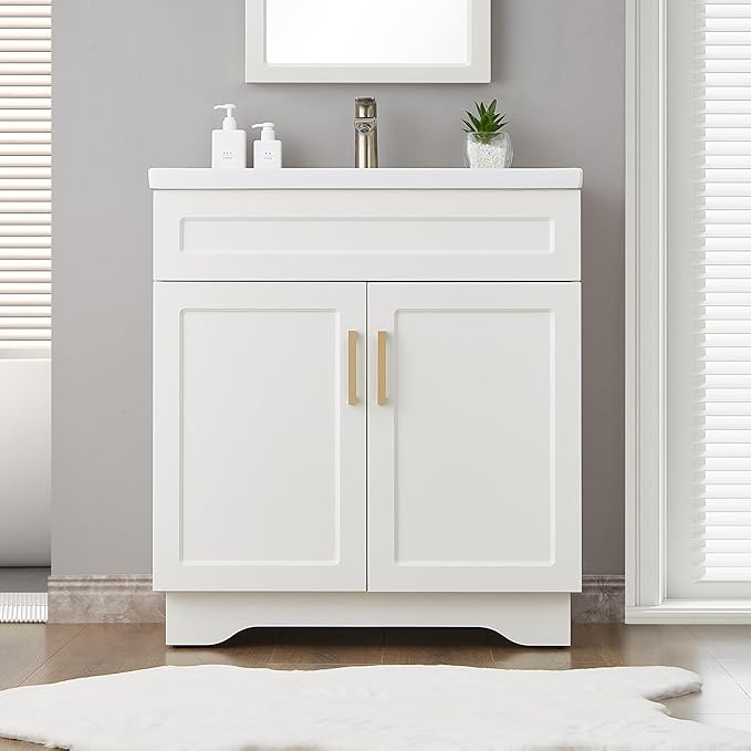 Bathroom Vanity with Ceramic Sink, Bathroom Vanity Cabinet with 2 Doors, 32 Inches Wooden Cabinet with Sink, White