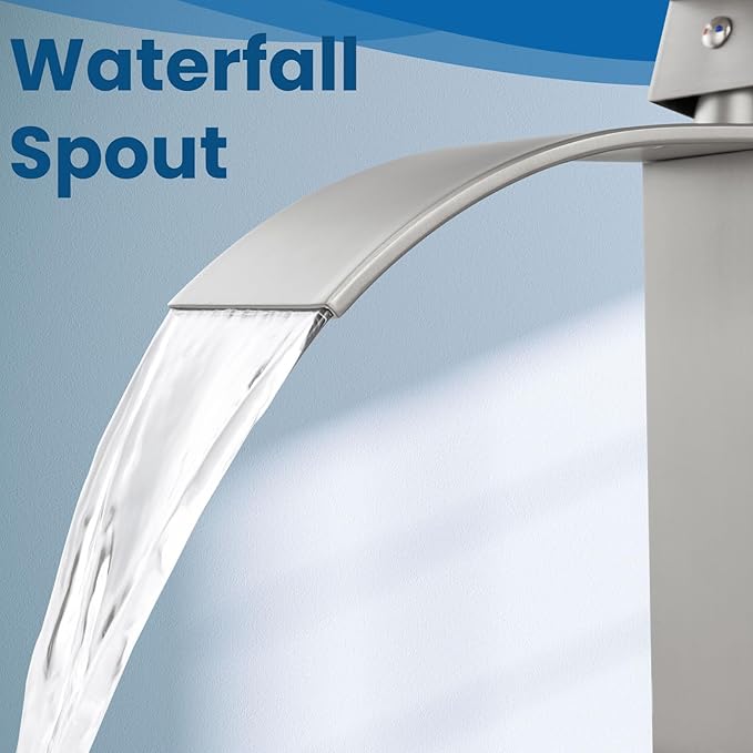 Airuida Vessel Sink Faucet Brushed Nickel, Tall Waterfall Bathroom Single Handle Single Hole, Deck Mount Mixer Tap with Large Rectangular Vessel Faucet Lavatory Vanity