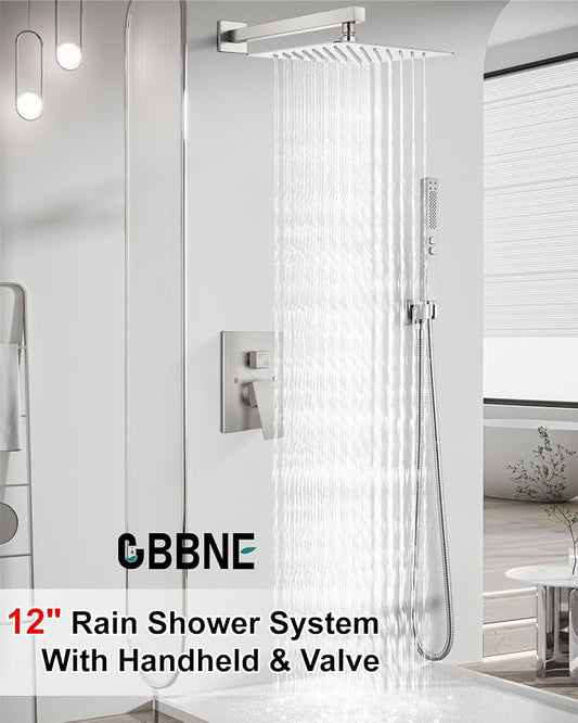 Shower Faucet Set 12-Inch Rain Shower System Brushed Nickel | Square SUS304 Shower Head, Dual-Mode Hand Spray, 59-Inch Hose and Brass Rough-In Valve for a Complete Wall-Mount Installation