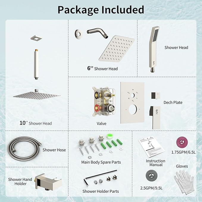Shower Faucet Set Shower System - SR SUN RISE Brushed Nickel Shower Trim Kit with Dual Shower Head, 10'' Ceiling Rainfall 6'' Wall Mount with Handheld Shower for Couples, Complete 6 Diverter Valve