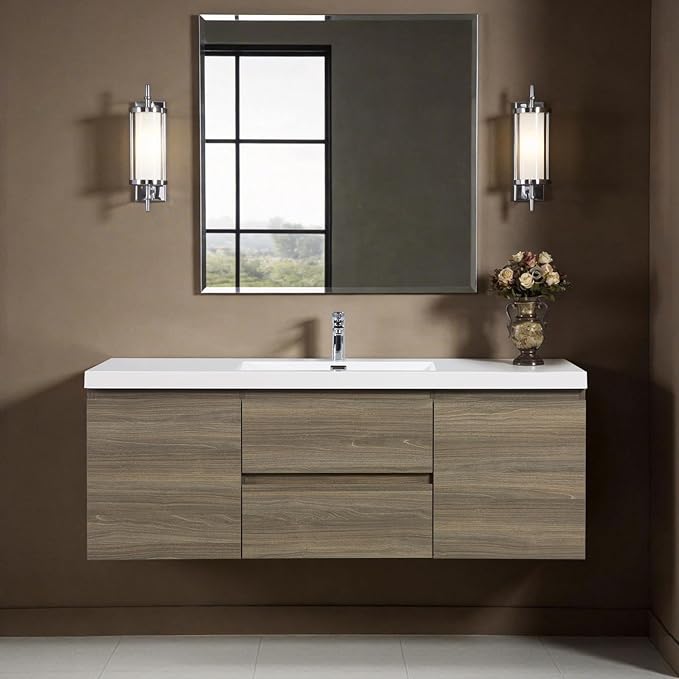 Floating Vanity Bathroom, 60 Inch Bathroom Vanity with Sink, Wall Mounted Single Sink Bathroom Vanity, Soft Closed 2 Drawers, Integrated Sink (Ash Grey)