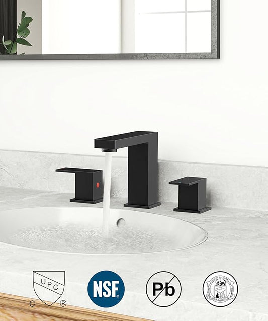 QFN Lead-Free Matte Black Bathroom Faucet 3 Hole, Square Bathroom Sink Faucet 8 Inch Widespread, 2 Handle for 6"-12" Vanity Sink with Metal Pop Up Drain and 24" cUPC Supply Hoses