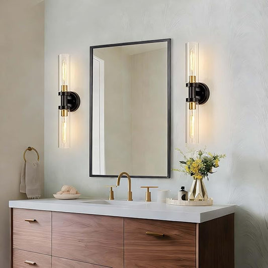 Hardwired Wall Sconces Set of 2, Bathroom Sconces Vanity Light Fixture with Clear Glass, Black and Gold Farmhouse Wall Lights for Bathroom Mirror Living Room Hallway Kitchen