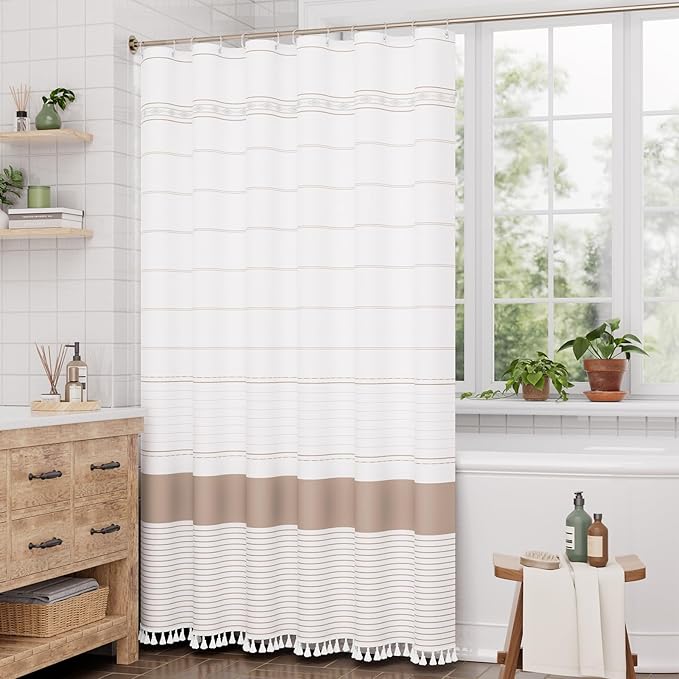 AmazerBath Boho Shower Curtain Set, Rustic Faux Linen Pink Striped Shower Curtain with Hooks, Modern Farmhouse Shower Curtain with Tassels, White Base Toned, 72x72 Inches