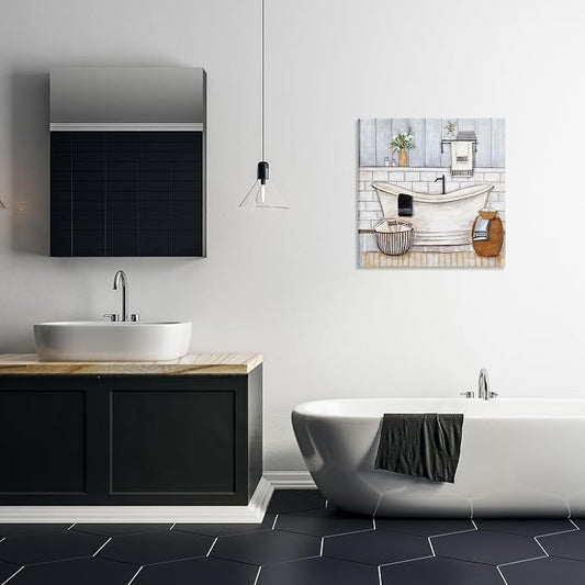 Bathroom Farmhouse Tub Floral, 24 x 24 Inch Canvas Wall Art | Stupell Industries · By Yellow Cafe · Ready to hang · Charming bath and laundry decor · Made in USA