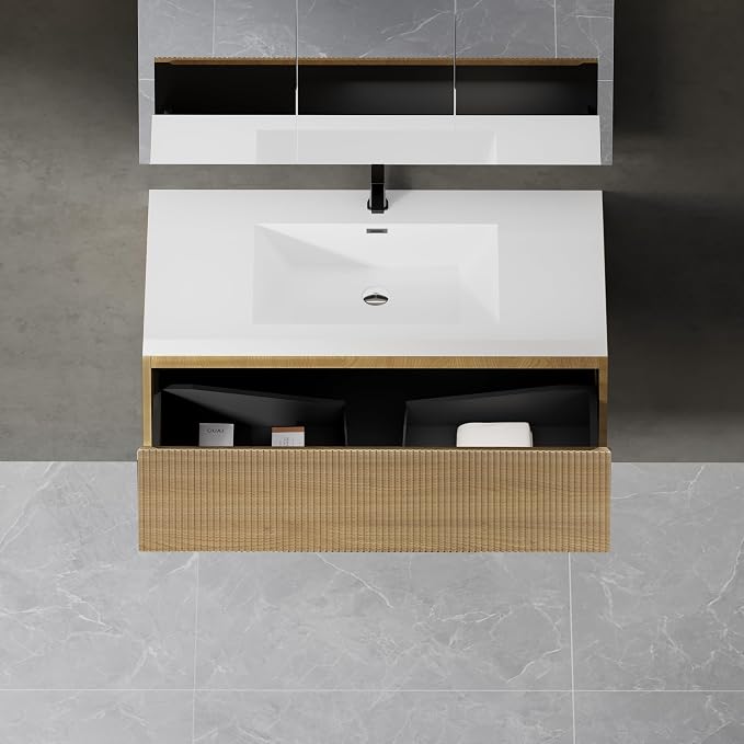36" Floating Bathroom Vanity with Sink, Wall-Mounted Modern Oak Storage Cabinet, Wave-Textured Soft-Close Drawer & Glossy White Solid Surface Basin, Natural Oak