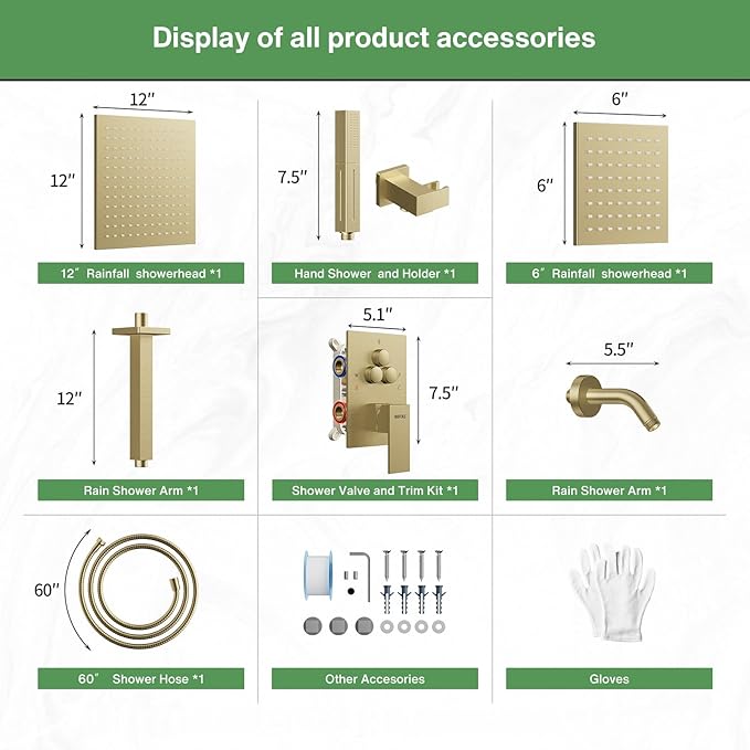 VANFOXLE Shower Faucet Set Brushed Gold Shower System, Push Button Diverter | 12 Inch Ceiling Mount Rain Head Increased Thick, 6 Inch Wall Mount Head, 2-in-1 Handheld Sprayer, Rust Resistant