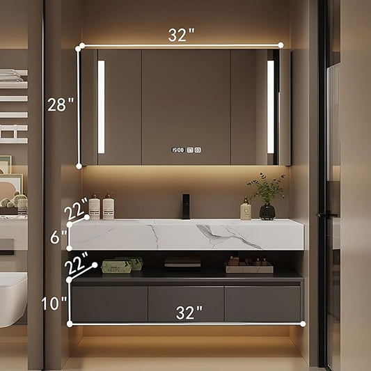 Bathroom Vanity with Sink - Single/Double Sink Bathroom Vanity Cabinet & LED Smart Defogger Mirror Cabinet Set, Modern Floating Vanity, Wall-Mounted Installation (32",Single Sink)