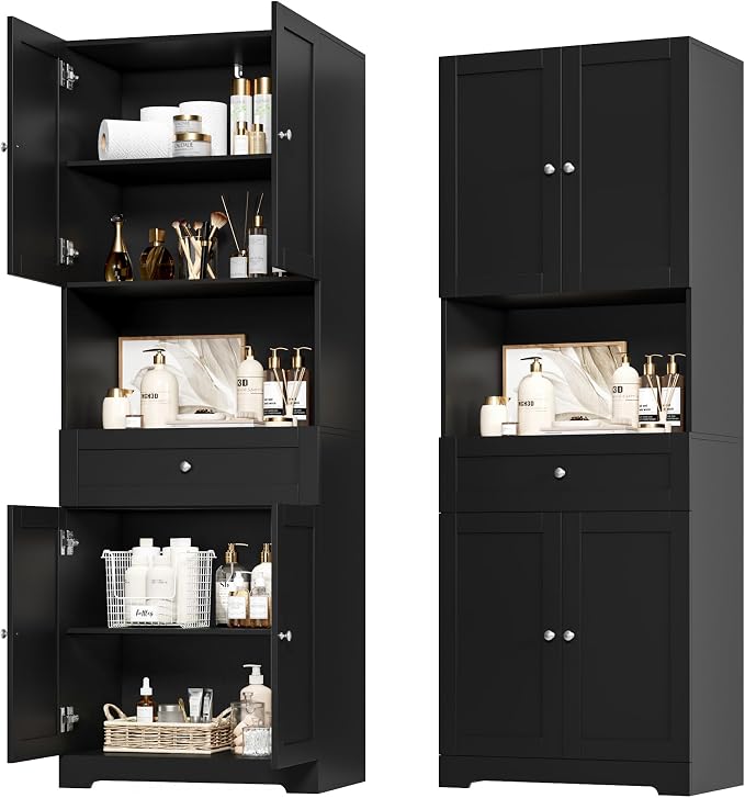 HIFIT Tall Bathroom Storage Cabinet with Drawer, Modern Linen Cabinet,Black | 67"H Tall Storage Cabinet with Doors & Shelves, Freestanding Kitchen Pantry for Bathroom, Dining Room, Laundry, Narrow Corner