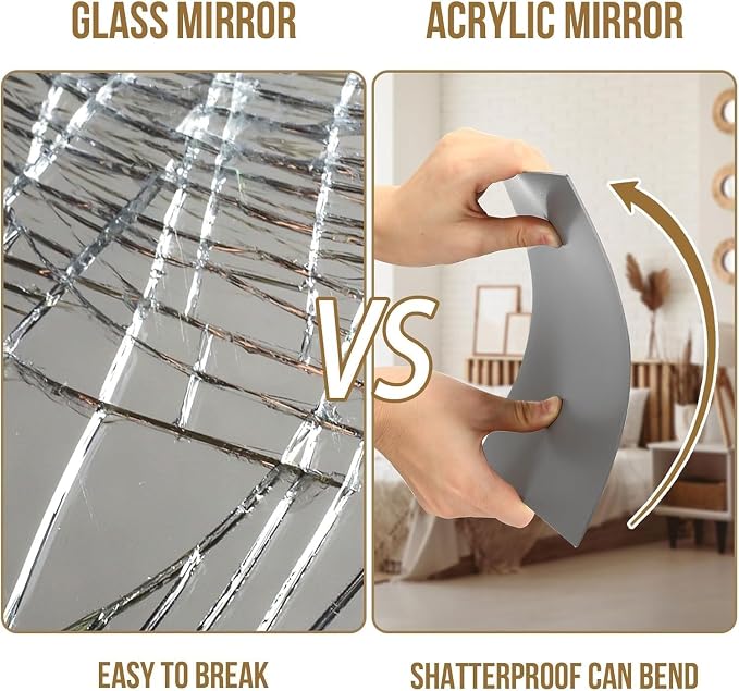 18Pack Self Adhesive Acrylic Mirrors, 8 x 8 Inch Mirror Tiles Decor | JUNEBRUSHS Frameless Over Door Mirrors, Sheets Wall Stickers for Wall Mounted Make Up Gym Dressing
