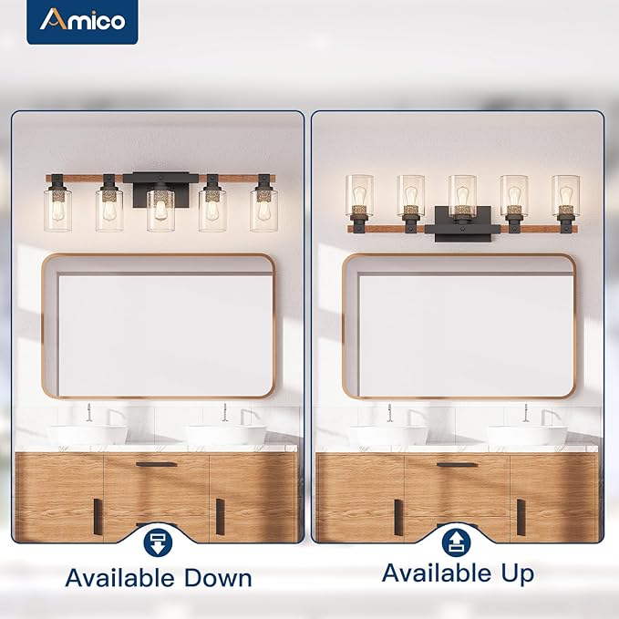 Amico 5-Light Farmhouse Bathroom Vanity Light, Seeded Glass, Black & Wood | Bubble Glass Shade Wall Sconce, Over Mirror Lighting for Bathroom, Bedroom, Living Room, Hallway, Powder Room, Entryway