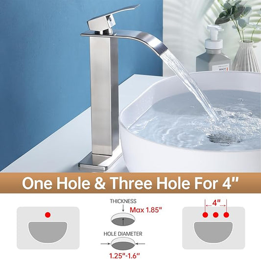 Tall Vessel Sink Faucet Brushed Nickel Faucet for Bathroom Sink Tall Waterfall Bathroom Faucet Single Handle 1 or 3 Hole Wash with Pop-up Drain