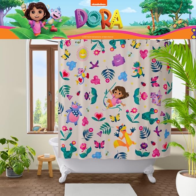 Dora The Explorer 13-Piece Shower Curtain Set, 72 x 72 Inch Fabric Curtain with Hooks, Bathroom Decor, Machine Washable, (100% Officially Licensed Product) by Franco Collectibles