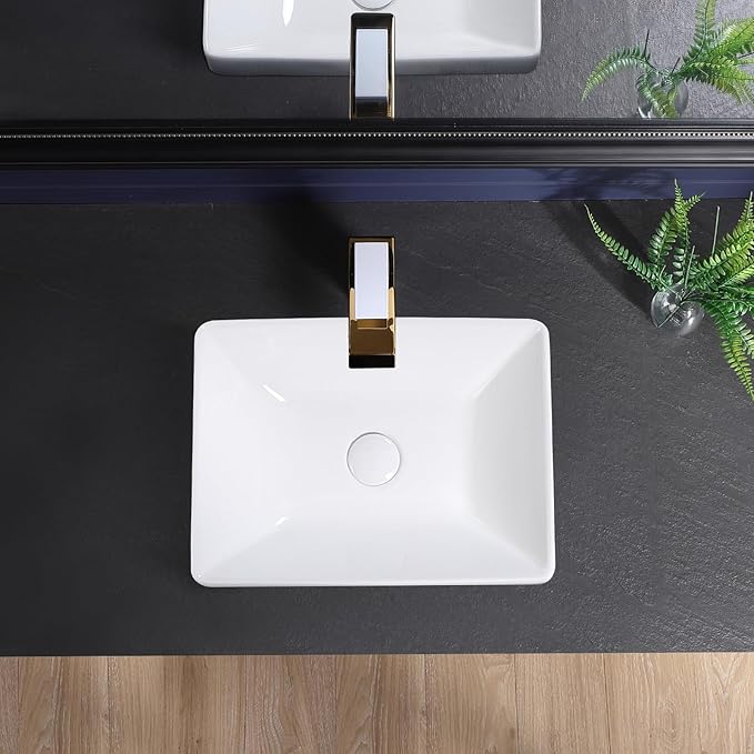 Semi Recessed Bathroom Sink 17"x13" Vessel Sink Drop-in White Porcelain Ceramic Modern Rectangular Sinks Basin Vanity Sinks with Overflow for Bathrooms