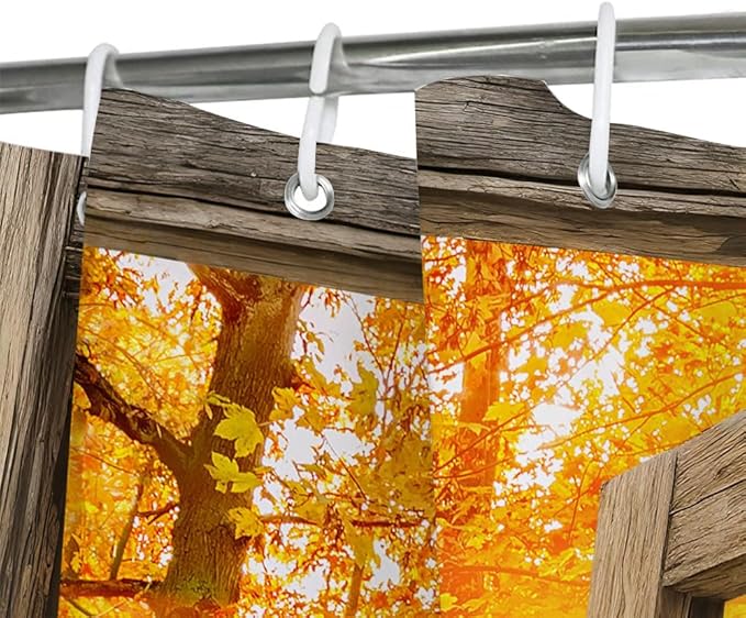 Boho Fall Forest Shower Curtain, Autumn Nature Jungle Woodland Maple Leaves Tree Shower Curtain Set, Rustic Barn Door Fabric Farmhouse Cabin Shower Curtain for Bathroom 12 Hooks, 72x72 Orange Yellow
